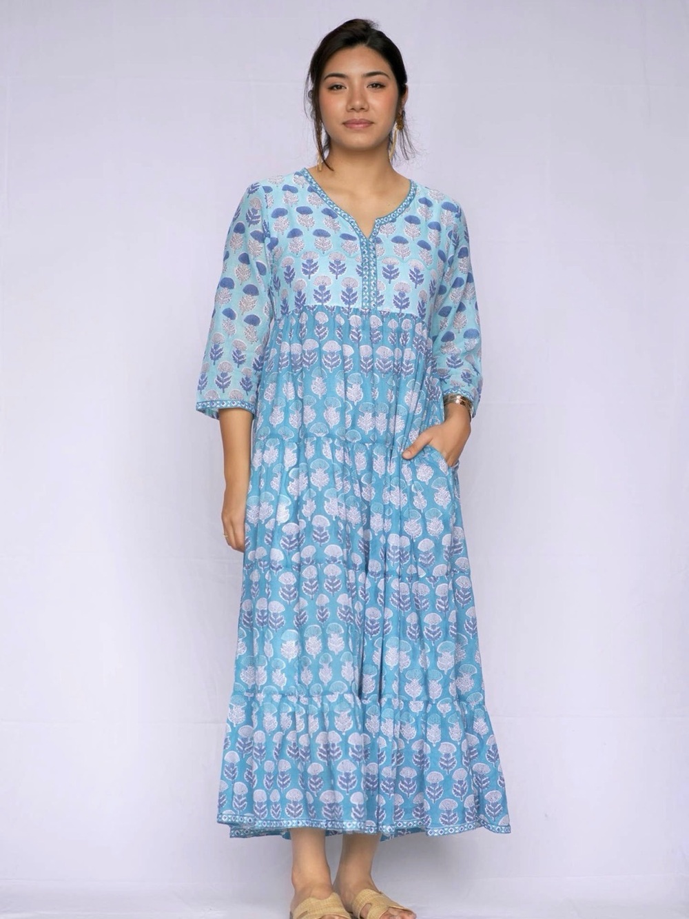 Dolma jhene  blue block print maxi cotton dress NWT - boho vibes